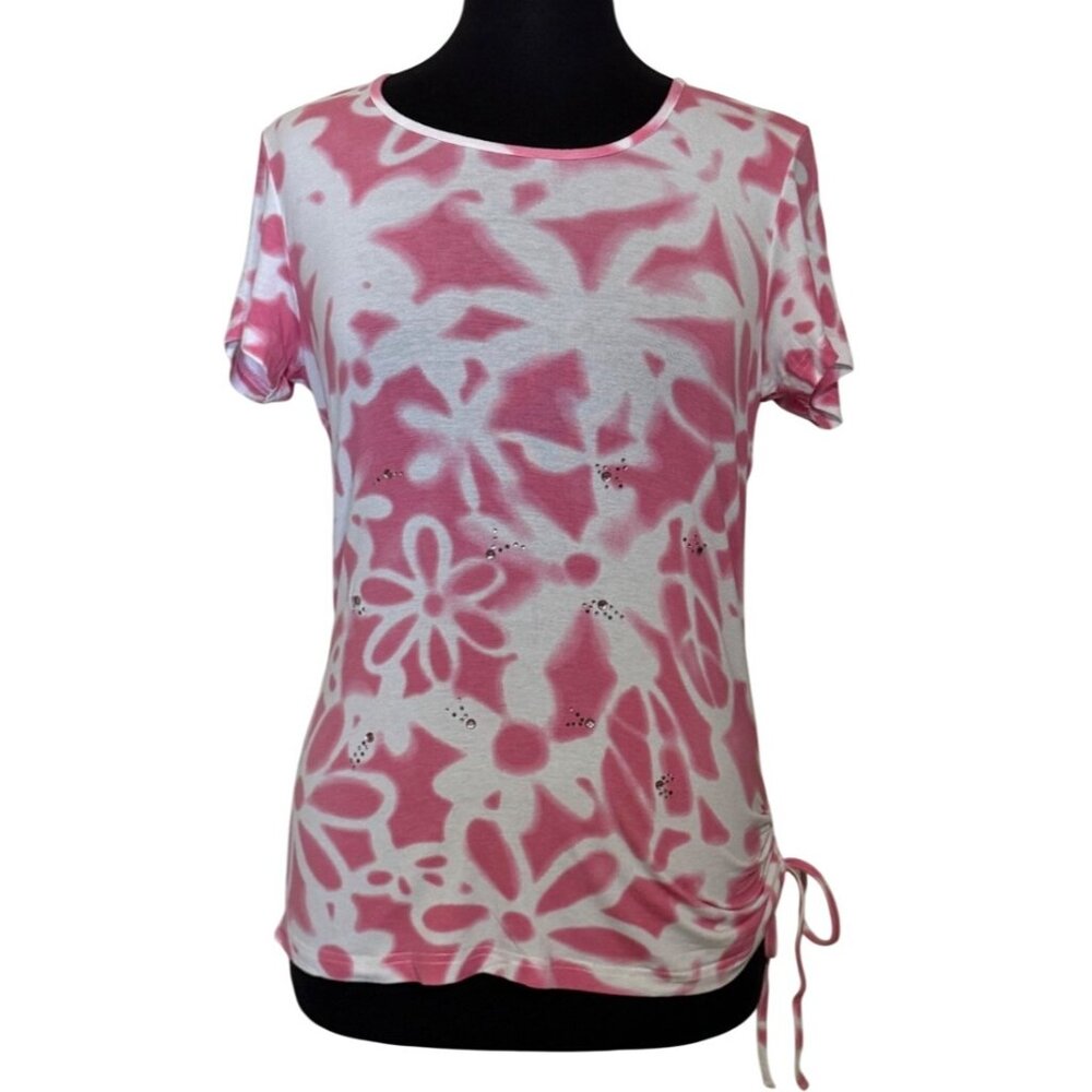 Tribal Pink & White Tie Dye Floral Pattern Short-Sleeve T-shirt Women's Size M
